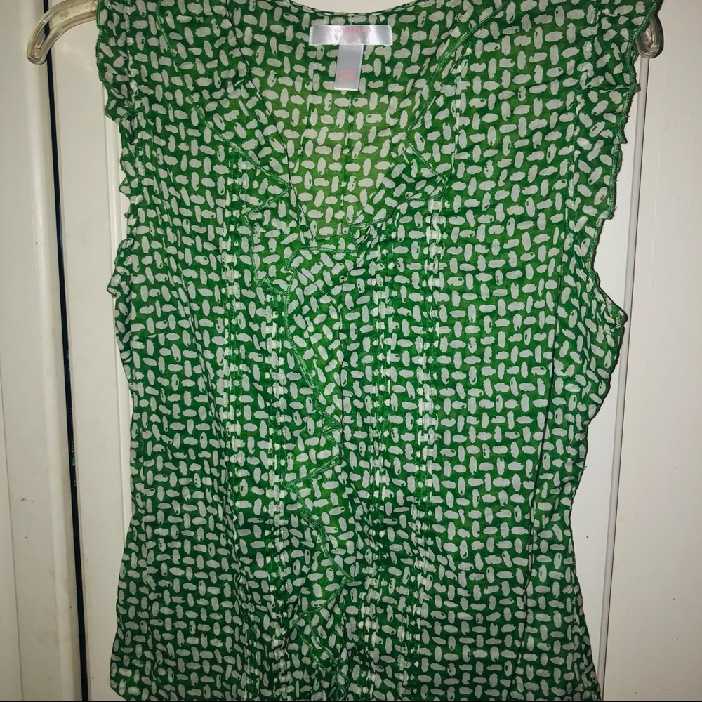Banana Republic green print ruffle blouse. PL
